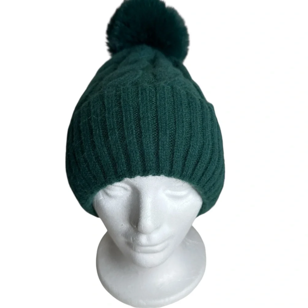 Tasha Twisted Faux Fur PomPom Beanie w Full Soft Fleece Lining Green Brand New!